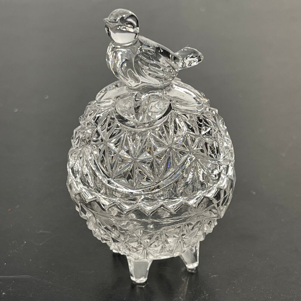Vtg Hofbauer Byrdes Lead Crystal Footed Egg Trinket Dish Etched Bird On Top 3"